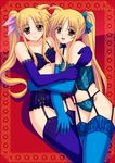  alicia_testarossa bad_id bad_pixiv_id blonde_hair fate_testarossa garter_straps genshi lingerie long_hair lyrical_nanoha mahou_shoujo_lyrical_nanoha multiple_girls red_eyes siblings sisters thighhighs twintails underwear 