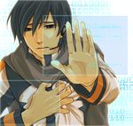  blue_hair hand_on_own_chest hand_over_heart hands headset kaito male_focus md5_mismatch sad scarf solo vocaloid yamano_(koisick) 