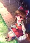  arm_support bad_id bad_pixiv_id bow brown_hair detached_sleeves from_above hakurei_reimu japanese_clothes long_hair looking_up perspective porch rain red_eyes sandals sitting solo sousouman touhou veranda 