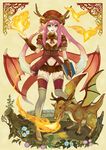  blue_eyes boots copyright_request dragon dragon_girl dragon_wings fire hat horns kochimo low_wings monster_girl pink_hair solo thigh_boots thighhighs wings 