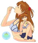  ayanashi_kunio barefoot blue_eyes bra brown_hair feet food hands lingerie neon_genesis_evangelion pudding shikinami_asuka_langley shorts souryuu_asuka_langley underwear 