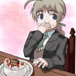  ahoge amino_(trude) bad_id bad_pixiv_id blue_eyes braid breasts brown_hair cake eating food happy_birthday long_hair lynette_bishop medium_breasts pastry single_braid solo strike_witches world_witches_series 