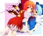  achi_cirno alternate_color alternate_element bad_id bad_pixiv_id blue21 blue_eyes blue_hair blush bow cirno dual_persona fiery_wings fire hair_bow multiple_girls red_eyes red_hair short_hair sweat touhou wings 