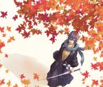  autumn autumn_leaves blue_eyes blue_hair genjiguruma highres japanese_clothes kaito katana kimono kisaragi_kanade leaf male_focus maple_leaf sayagata scarf smile solo sword tsugai_kogarashi_(vocaloid) vocaloid weapon 
