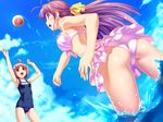  ahoge antenna_hair aoi_matsuri ass ball beachball bikini day flat_chest game_cg hair_ribbon highres koutaro kusakari_natane long_hair multiple_girls one-piece_swimsuit purple_eyes purple_hair ribbon school_swimsuit short_hair splashing swimsuit trefoil tropical_kiss wallpaper yellow_eyes 