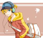  aqua_eyes bad_id bad_pixiv_id bag baseball_cap blonde_hair casual hat headphones hood hoodie kagamine_len male_focus smile solo sorano_namida vocaloid 