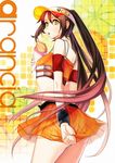  arancia bad_id bad_pixiv_id black_hair crepe food highres long_hair orange_eyes orange_skirt original siro skirt solo twintails visor_cap 