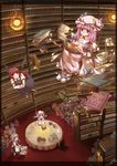  bad_id bad_pixiv_id book book_hug bookmark bookshelf cake chin_rest floating floating_object food from_above head_wings highres holding holding_book izayoi_sakuya koakuma leo_hariyoru library light multiple_girls pastry patchouli_knowledge remilia_scarlet signature table tea tiered_tray touhou voile wings 