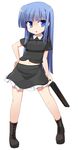  blue_eyes blue_hair boots copyright_request gun haruka_(miritari!) long_hair mamo_williams midriff miritari! navel sawed-off_shotgun shotgun solo weapon 