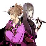  black_eyes black_hair green_eyes hakuk long_hair male_focus multiple_boys ponytail raven_(tales) smile sword tales_of_(series) tales_of_vesperia weapon yuri_lowell 