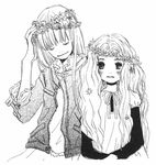  black blush flower greyscale hanamoto_hagumi honey_and_clover jacket long_hair monochrome multiple_girls official_art traditional_media umino_chika wreath yamada_ayumi 