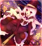  broom broom_riding gloves hat highres long_hair original pink_hair red_eyes solo tokira_nozumi witch witch_hat 