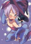  animal_print ass bare_shoulders bat bat_print bat_wings blush demon_girl eyebrows flat_chest hat leotard lilith_aensland one_eye_closed ookamiuo pantyhose print_legwear purple_hair red_eyes red_leotard short_hair solo succubus vampire_(game) wings witch_hat 