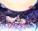  black_hair floating full_body houraisan_kaguya long_hair long_skirt looking_at_viewer moon red_skirt sidelocks skirt solo standing tokiame touhou very_long_hair wind 