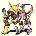 :d alakazam bangs blunt_bangs full_body gen_1_pokemon hair_ornament holding holding_spoon legwear_under_shorts long_hair lowres meimaru_inuchiyo miru_(pokemon) open_mouth outstretched_arms oversized_object pantyhose pink_eyes pink_hair pink_ribbon pokemon pokemon_(creature) ribbon sailor_collar shoes short_sleeves shorts simple_background smile spoon twintails very_long_hair white_legwear 