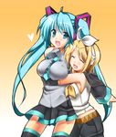  aqua_eyes aqua_hair bad_id bad_pixiv_id blonde_hair breasts detached_sleeves hair_ornament hairclip hatsune_miku headphones highres hug kagamine_rin large_breasts long_hair multiple_girls necktie shino_(sosuketo) short_hair shorts skirt thighhighs twintails vocaloid zettai_ryouiki 