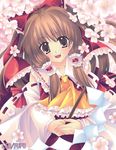  bow brown_eyes brown_hair detached_sleeves flower hakurei_reimu long_hair pupu solo touhou 