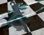  bad_id bad_pixiv_id battle black_hair checkered clenched_teeth darker_than_black glowing hei knife male_focus red_eyes shadow solo teeth yuuna_(upper-soul) 