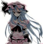  alternate_costume alternate_hairstyle backlighting bad_id bad_pixiv_id blue_hair collarbone duplicate eyelashes fang hat hiharo long_hair older red_eyes remilia_scarlet ribbon solo touhou 