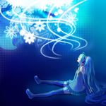  aqua_hair bad_id bad_pixiv_id blue detached_sleeves flower hatsune_miku headphones legs long_hair music singing sitting skirt solo thighhighs twintails utacoco very_long_hair vocaloid 