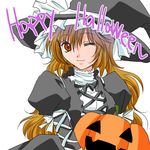  blonde_hair dress halloween happy_halloween hat hijiri_byakuren jack-o'-lantern long_hair one_eye_closed pumpkin snowfl solo touhou white_background witch_hat 