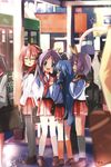  ahoge blue_hair blush closed_eyes glasses green_eyes highres hiiragi_kagami hiiragi_tsukasa izumi_konata long_hair lucky_star multiple_girls pantyhose pink_hair pink_neckwear purple_hair ribbon ryouou_school_uniform school_uniform serafuku shino_(eefy) short_hair socks takara_miyuki tsurime twintails 