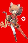  animal_ears asymmetrical_clothes banned_artist brown_hair cat_ears gloves green_eyes red_background rita_mordio short_hair smile solo tail tales_of_(series) tales_of_vesperia tsukiriran 