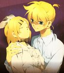  1girl blonde_hair blue_eyes brother_and_sister closed_eyes collar hair_ornament hair_ribbon hairclip just_as_planned kagamine_len kagamine_rin ribbon short_hair siblings smile twins tyuraba vocaloid yellow you_gonna_get_raped 