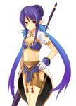  blue_hair gloves hand_on_hip judith long_hair midriff pointy_ears polearm purple_eyes smile solo spear tales_of_(series) tales_of_vesperia weapon white_gloves yuzuki_(yuduame) 