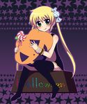  blonde_hair candy food food_themed_clothes green_eyes halloween hayate_no_gotoku! hug jack-o'-lantern komeko5 lollipop long_hair pillow pumpkin purple_background rainbow_text sanzen'in_nagi sitting solo swirl_lollipop thighhighs tongue twintails 