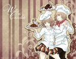  1girl axis_powers_hetalia bandana belgium_(hetalia) bow brown_hair chef_hat chocolate couple dancing food green_eyes hair_bow hands hat hetero orrie-g short_hair smile switzerland_(hetalia) toque_blanche 