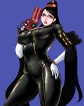  bayonetta bayonetta_(character) black_hair blue_background bodysuit earrings glasses gun hand_on_hip jewelry lowres matoyama mole mole_under_mouth skin_tight solo weapon 