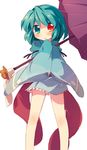  :o alternate_costume aqua_hair blue_eyes blush hanesaki_nekome heterochromia karakasa_obake purple_umbrella red_eyes short_hair simple_background sleeves_past_wrists solo standing tatara_kogasa tongue touhou umbrella wide_sleeves 