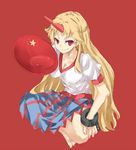  barefoot blonde_hair chain cuffs handcuffs horn hoshiguma_yuugi nabeshima_tetsuhiro red_eyes smile solo touhou 