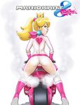  ass blonde_hair blue_eyes boots cameltoe crotch_seam crown gloves gradient gradient_background leotard looking_back mario_kart motorcycle nintendo pantylines ponytail princess_peach scarf smile solo standing super_mario_bros. tekuho_no_habo 