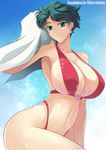  armpits aya_kobayashi bare_shoulders breasts cleavage closed_mouth collarbone cowboy_shot drying drying_hair earrings green_eyes green_hair haganef hand_up heart jewelry large_breasts looking_at_viewer navel one-piece_swimsuit red_swimsuit shiny shiny_skin short_hair slingshot_swimsuit smile solo splashing stomach super_robot_wars swimsuit thighs towel water water_drop wet 
