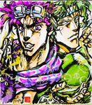  ashiya_kouhei brush_(medium) caesar_anthonio_zeppeli goggles goggles_on_head green_hair headband highres jojo_no_kimyou_na_bouken joseph_joestar_(young) male_focus multiple_boys official_style purple_hair shikishi 