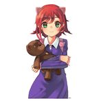  animal_ears annie_hastur backpack bag blush crossed_arms fake_animal_ears green_eyes league_of_legends looking_at_viewer nellen red_hair short_hair simple_background smile stuffed_animal stuffed_toy teddy_bear tibbers white_background 