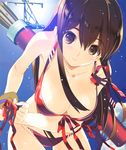  akagi_(kantai_collection) bikini blush breasts brown_hair cloud cowboy_shot day hair_between_eyes kantai_collection large_breasts leaning_forward long_hair looking_at_viewer lowres nakamura_takeshi quiver red_bikini sky smile solo sun swimsuit 