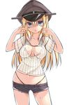  bikini bikini_lift bikini_under_clothes bismarck_(kantai_collection) blonde_hair blue_eyes blush bra breasts chestnut_mouth commentary_request downscaled hat kantai_collection large_breasts long_hair looking_at_viewer md5_mismatch navel no_legwear oota_yuuichi open_mouth peaked_cap resized short_shorts shorts simple_background solo striped striped_bikini striped_bra sweat sweater swimsuit swimsuit_under_clothes thong underwear v-neck very_long_hair white_background 