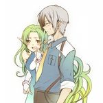  1boy 1girl aqua_hair bare_shoulders blush bracelet breasts detached_sleeves dress eyes_closed grey_hair jewelry long_hair ludger_will_kresnik multicolored_hair muzet_(tales) necktie open_mouth pants pointy_ears short_hair simple_background tales_of_(series) tales_of_xillia tales_of_xillia_2 yellow_eyes 