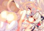  ahoge animal_ear_fluff animal_ears ass babydoll bell blush breasts cat_ears cat_tail commentary_request hair_ornament iku_kurumi jingle_bell long_hair looking_at_viewer medium_breasts multiple_girls orange_hair original p19 short_hair silver_hair smile tail take_your_pick thighhighs white_legwear 