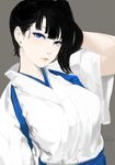  arm_behind_head bangs black_hair blue_eyes blunt_bangs commentary_request grey_background japanese_clothes kaga_(kantai_collection) kantai_collection kimono looking_at_viewer pale_skin side_ponytail signature simple_background sohin solo tasuki upper_body 