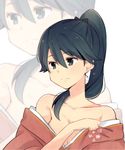  bare_shoulders black_hair breasts cleavage houshou_(kantai_collection) japanese_clothes kantai_collection long_hair medium_breasts ponytail smile solo undressing yukichi_(eikichi) zoom_layer 
