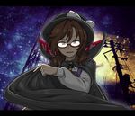  bow brown_eyes brown_hair cape collaboration fujinoki_(horonabe-ken) glasses hat hat_bow long_sleeves low_twintails night photo_background plaid red-framed_eyewear school_uniform short_hair skirt smile solo soyogo_(soyo) telephone_pole touhou twintails usami_sumireko 