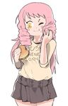  casual clothes_writing cowboy_shot drill_hair eating food hamburger inkerton-kun katawa_shoujo long_hair mikado_shiina one_eye_closed pink_hair shirt skirt solo t-shirt yellow_eyes 