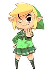  ;) black_eyes blonde_hair chibi crossdressing eyebrows green_skirt hat inkerton-kun link male_focus one_eye_closed pointy_ears school_uniform serafuku skirt smile the_legend_of_zelda toon_link v 