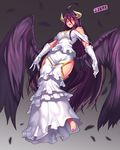  :d ahoge albedo artist_name barefoot black_wings breasts dress gloves hip_vent horns jjune large_breasts long_hair looking_at_viewer open_mouth overlord_(maruyama) purple_hair smile solo very_long_hair white_dress white_gloves wings yellow_eyes 