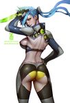  ass bad_deviantart_id bad_id banned_artist bare_back blue_hair breasts gloves green_eyes hand_on_hip large_breasts lipstick long_hair looking_at_viewer makeup paul_kwon sideboob simple_background solo white_gloves 