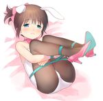  animal_ears aqua_eyes bdsm bed_sheet bondage bound bound_arms brown_hair bunny_ears bunnysuit crossed_arms high_heels knees_on_chest legs_together lying neck_ribbon on_back original pantyhose ribbon sekiya_asami shibari solo updo 